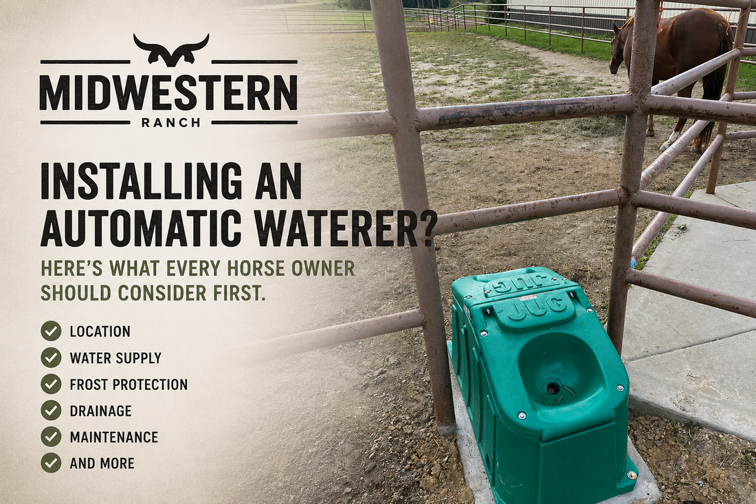 Green automatic horse waterer installed beside a horse paddock with educational text about planning an automatic waterer installations.