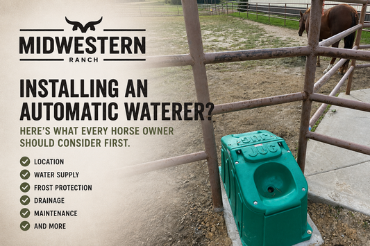 Green automatic horse waterer installed beside a horse paddock with educational text about planning an automatic waterer installations.